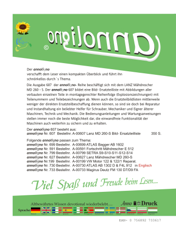 LANZ Mähdrescher Typ MD 260 – S (MD 35 S – MD 40 S) Bild- Ersatzteilliste & Explosionszeichnungen - annoligno 607
